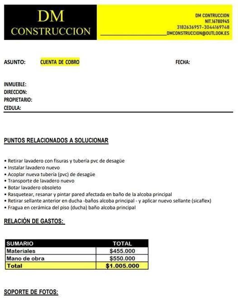 Formato PDF de cuenta de cobro utilizado por DM Construcciones